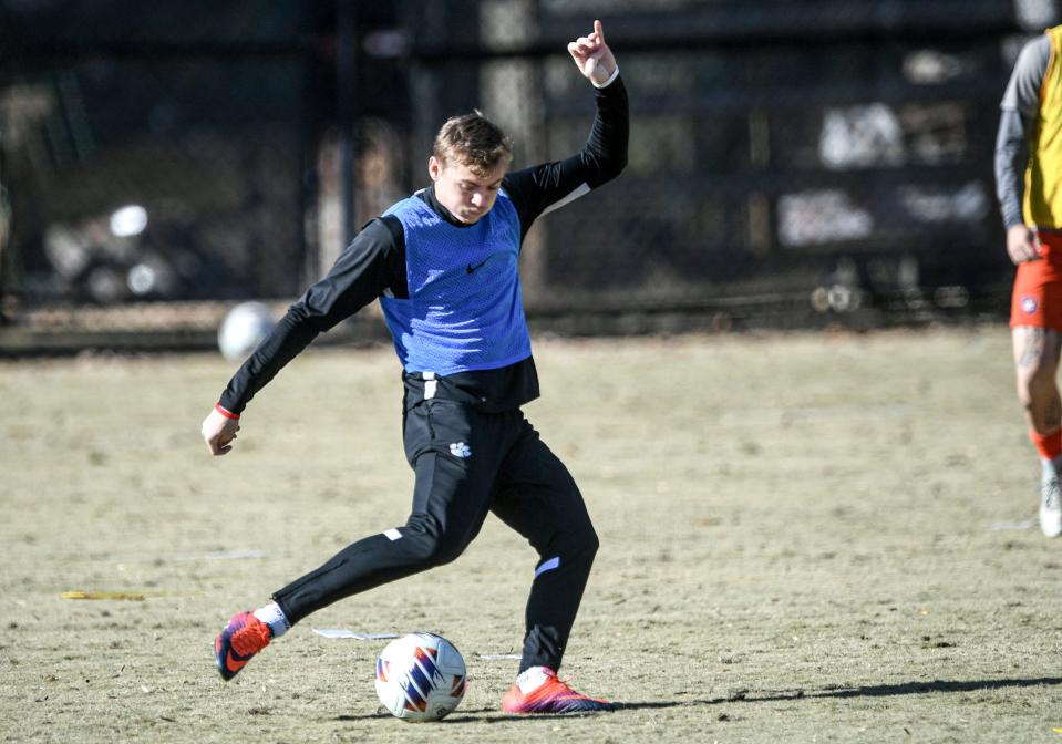 Clemson midfielder Brandon Parrish kicks the ball during practice at the Practice Facility Field in Clemson, Wednesday, December 6, 2023. The Tigers soccer team travels to Louisville, Kentucky to play Friday in the NCAA men's soccer College Cup semi-final game against West Virginia University.