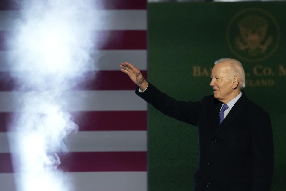 President Joe Biden waves to the crowd as he arrives to give a speech outside St Muredach's Cathedral, Ballina, in Ireland, Friday, April 14, 2023. (AP Photo/Christophe Ena)