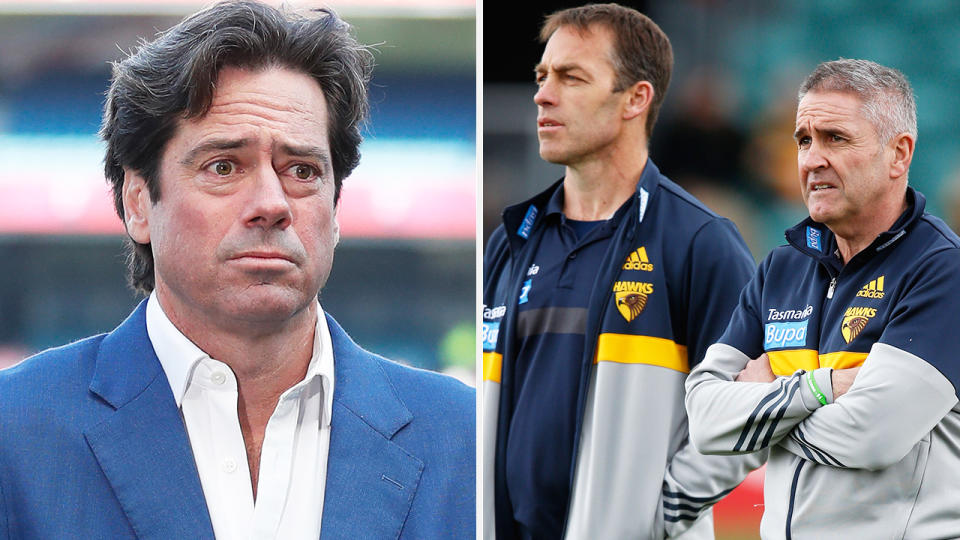 Gillon McLachlan is pictured left, with an image of Alastair Clarkson and Chris Fagan during their Hawthorn days on the right.