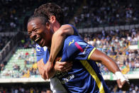 Verona's Tijjani Noslin celebrates scoring his side's second goal during the Serie A soccer match between Hellas Verona and Fiorentina at the Marcantonio Bentegodi Stadium, in Verona, Italy, Sunday, May 5, 2024. (Paola Garbuioi/LaPresse via AP)