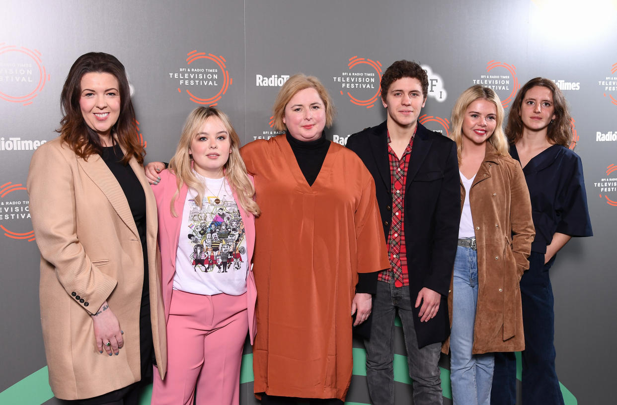 Lisa McGee, Nicola Coughlan, Siobhan McSweeney, Dylan Llewellyn, Saoirse-Monica Jackson and Louisa Harland  attend the "Derry Girls" photocall during the BFI & Radio Times Television Festival 2019 at BFI Southbank on April 14, 2019 in London, England. (Photo by Jeff Spicer/Getty Images)