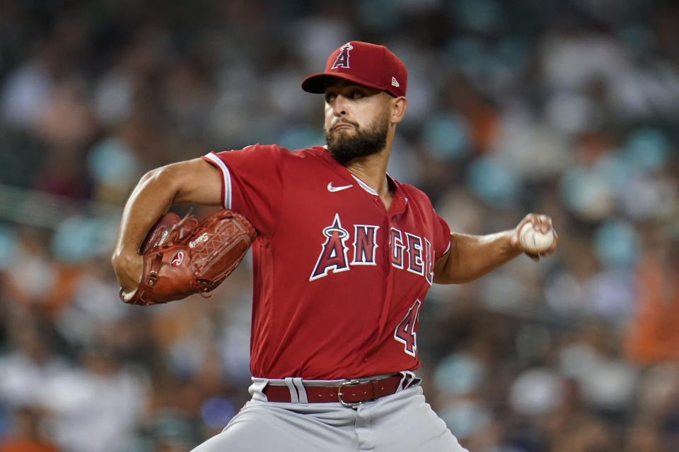 Los Angeles Angels pitcher Patrick Sandoval throws against the Detroit Tigers in the seventh inning of a baseball game in Detroit, Friday, Aug. 19, 2022. (AP Photo/Paul Sancya)