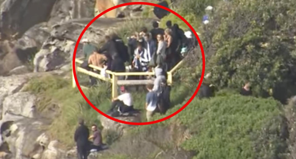 A crowd gathers on a walking track in Manly. Source: 7News