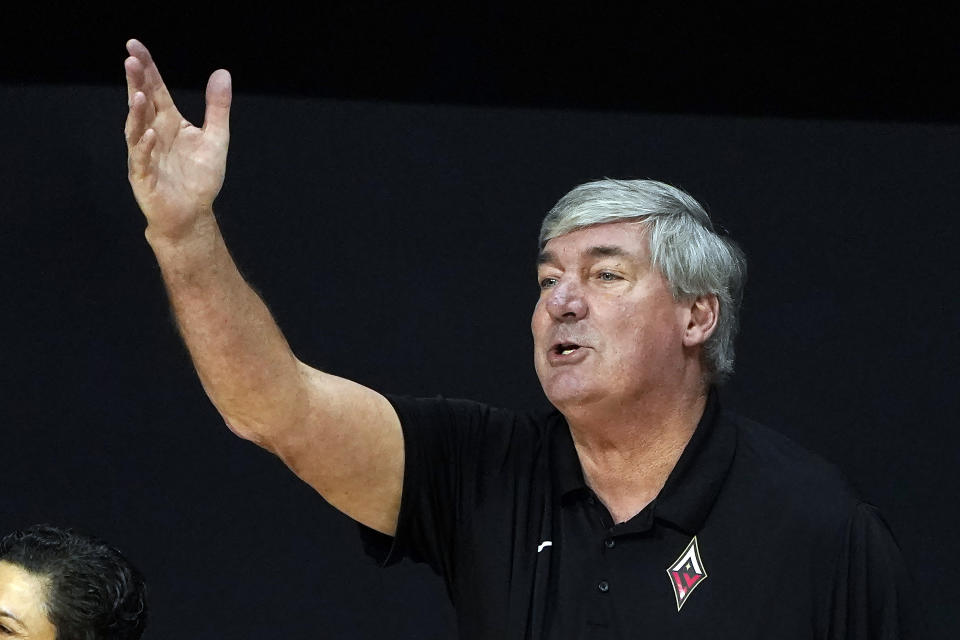 Las Vegas Aces head coach Bill Laimbeer questions a foul call against the Seattle Storm during the first half of Game 1 of basketball's WNBA Finals Friday, Oct. 2, 2020, in Bradenton, Fla. (AP Photo/Chris O'Meara)