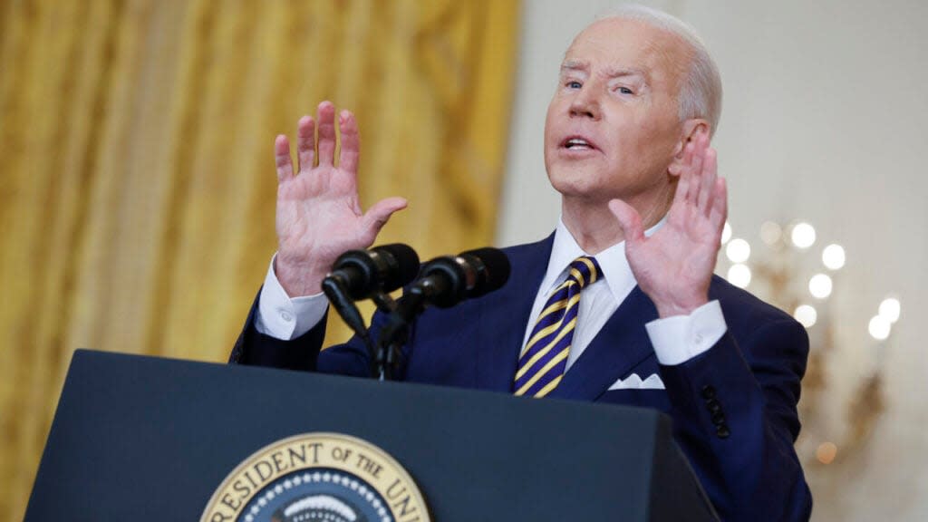 U.S. President Joe Biden answers questions during a news conference in the East Room of the White House on January 19, 2022 in Washington, DC. (Photo by Chip Somodevilla/Getty Images)