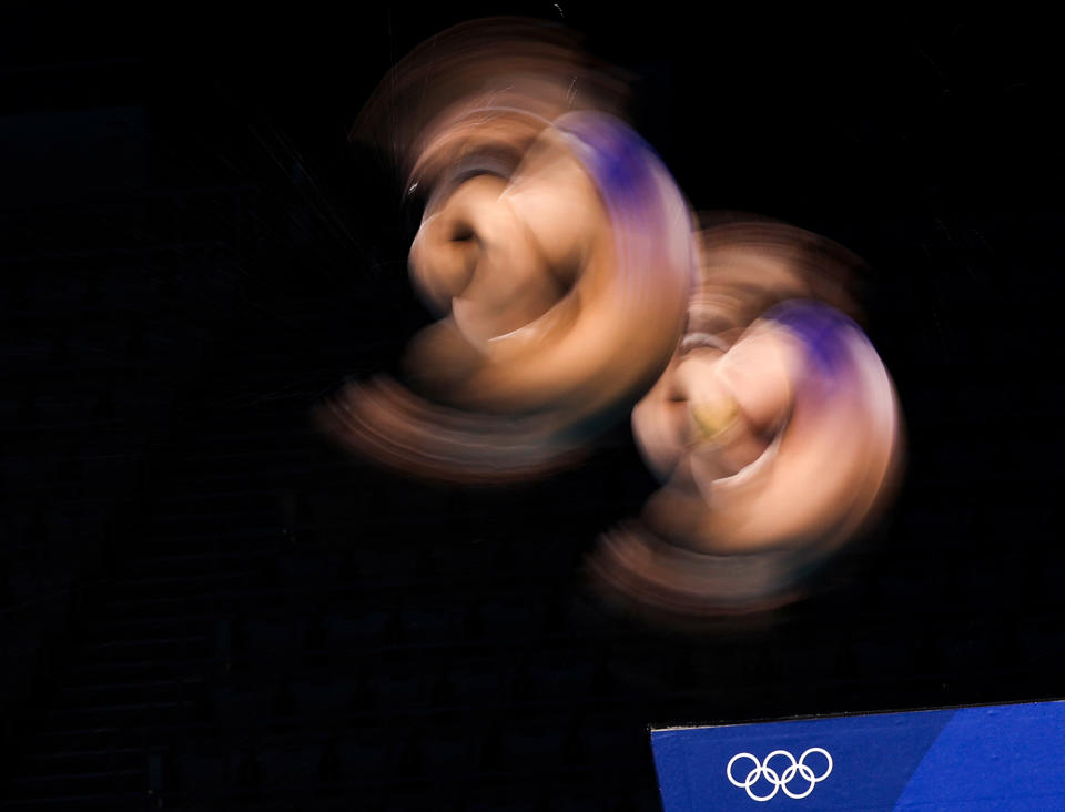 <p>Hiroki Ito and Kazuki Murakami of Japan defy gravity on day three of the Tokyo Olympic Games at the Tokyo Aquatics Centre on July 26.</p>