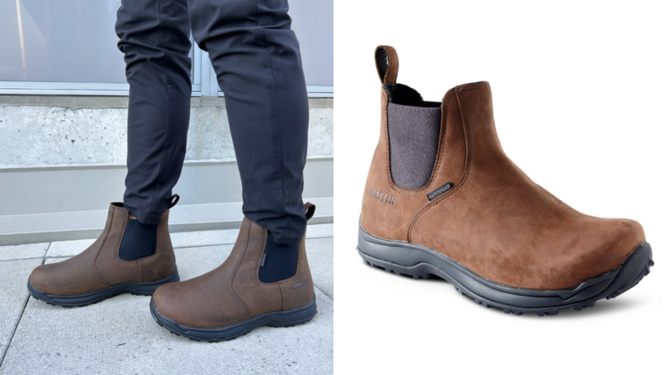 split screen of man wearing Baffin Men's Copenhagen Waterproof Leather Chelsea Boots and brown boots