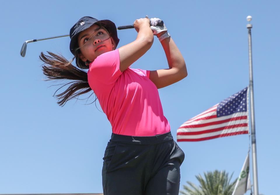 Maleyna Gregorio is the scholarship winner from the First Tee national branch will play golf at UC Riverside next fall.  Here she swings the club at the Golf Center in Palm Desert, June 6, 2022.