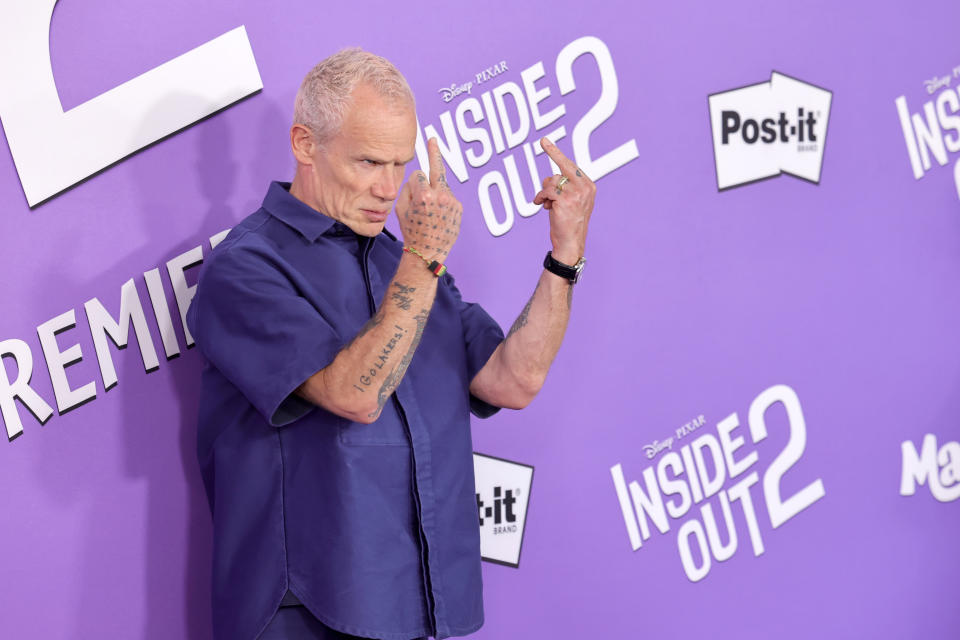 Flea gives the finger at the world premiere of Disney Pixar’s <em>Inside Out 2</em> on June 10, 2024 in Los Angeles, California. (Photo by Kevin Winter / WireImage)