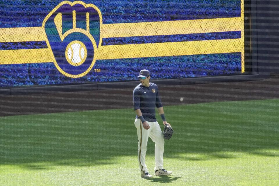 Milwaukee Brewers' Christian Yelich is seen during a practice session Monday, July 13, 2020, at Miller Park in Milwaukee. (AP Photo/Morry Gash)