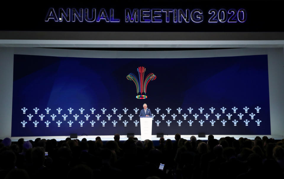 Britain's Prince Charles delivers a special address during the 50th World Economic Forum (WEF) annual meeting in Davos, Switzerland, January 22, 2020. REUTERS/Denis Balibouse