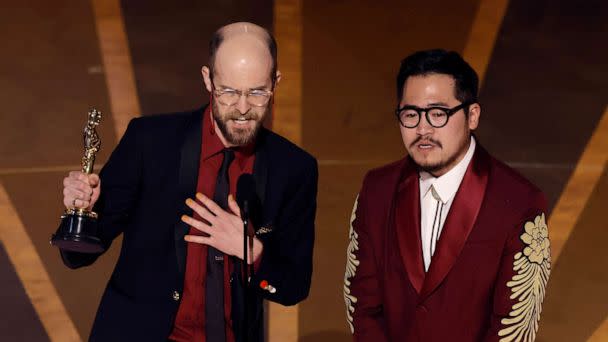 PHOTO: Daniel Scheinert, left, and Dan Kwan accept the Best Director award for 'Everything Everywhere All at Once' onstage during the Oscars, March 12, 2023, in Hollywood, Calif. (Kevin Winter/Getty Images)