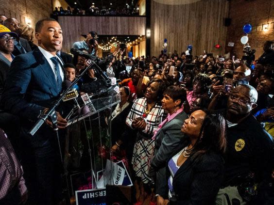 Steven Reed delivers a victory speech after being elected Montgomery’s first black mayor (AP)