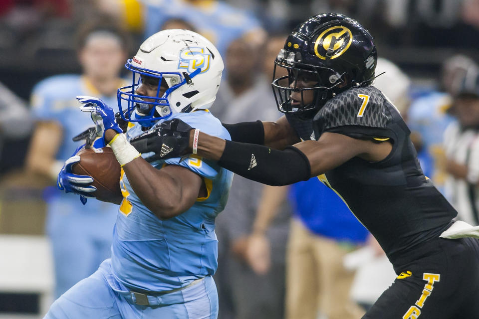 Grambling State safety Danquarian Fields, right, nearly lost his right leg after a gruesome injury on Saturday in their game against Louisiana Tech.