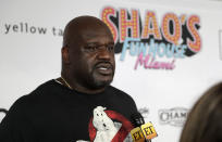 Former NBA player Shaquille O' Neal is interviewed on the red carpet for Shaq's Fun House, Friday, Jan. 31, 2020, in Miami. This carnival themed music festival is one of numerous events taking place in advance of Miami hosting Super Bowl LIV on Feb. 2. (AP Photo/Lynne Sladky)