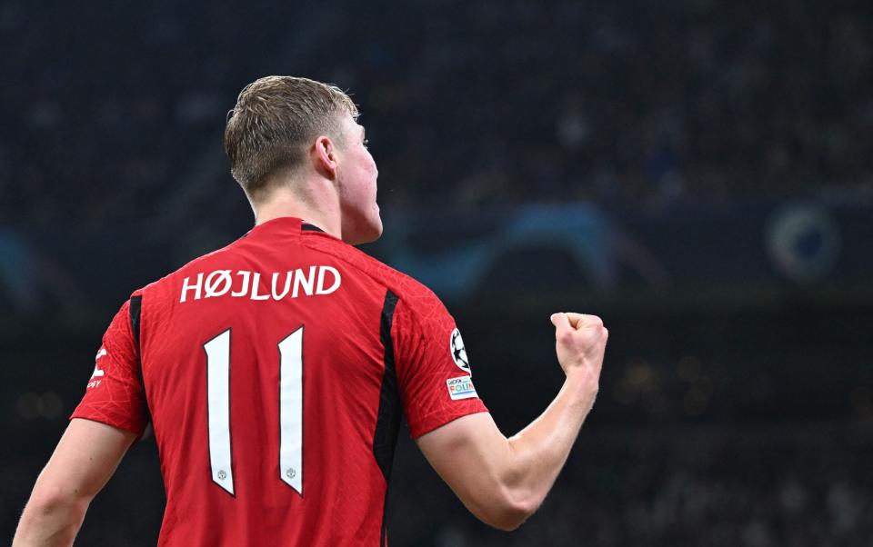 Rasmus Hojlund celebrates after scoring Manchester United's second goal