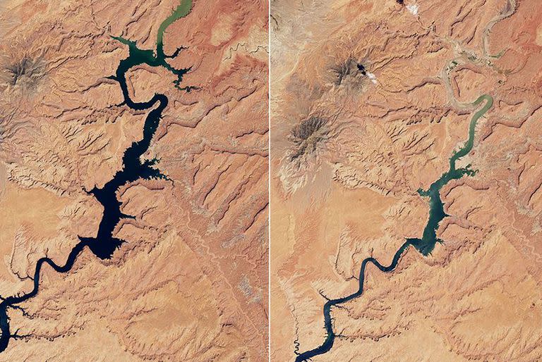 Combo formado por dos imágenes del lago Powell en la zona de Castle Butte. A la izquierda, una imagen del 16 de agosto de 2017. A la derecha, el 6 de agosto de 2022.