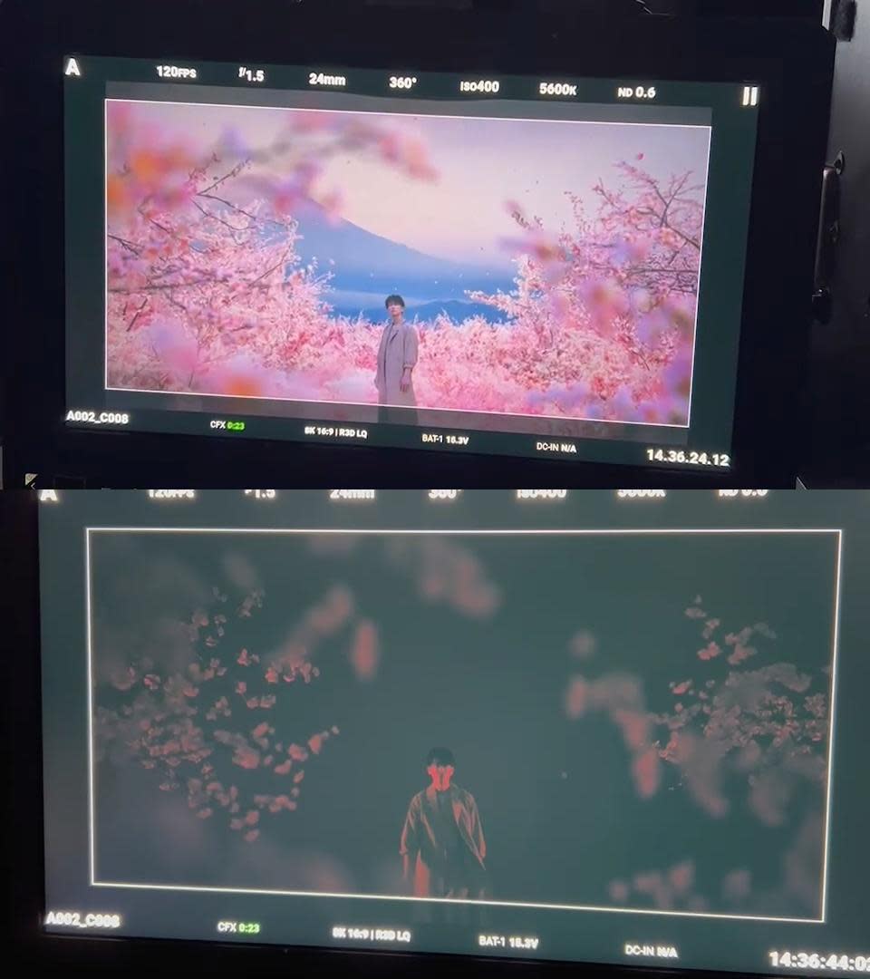 花絮中能看到盛開的櫻花背景，佐藤健也朝鏡頭走來。（圖／翻攝自佐藤健LINE）