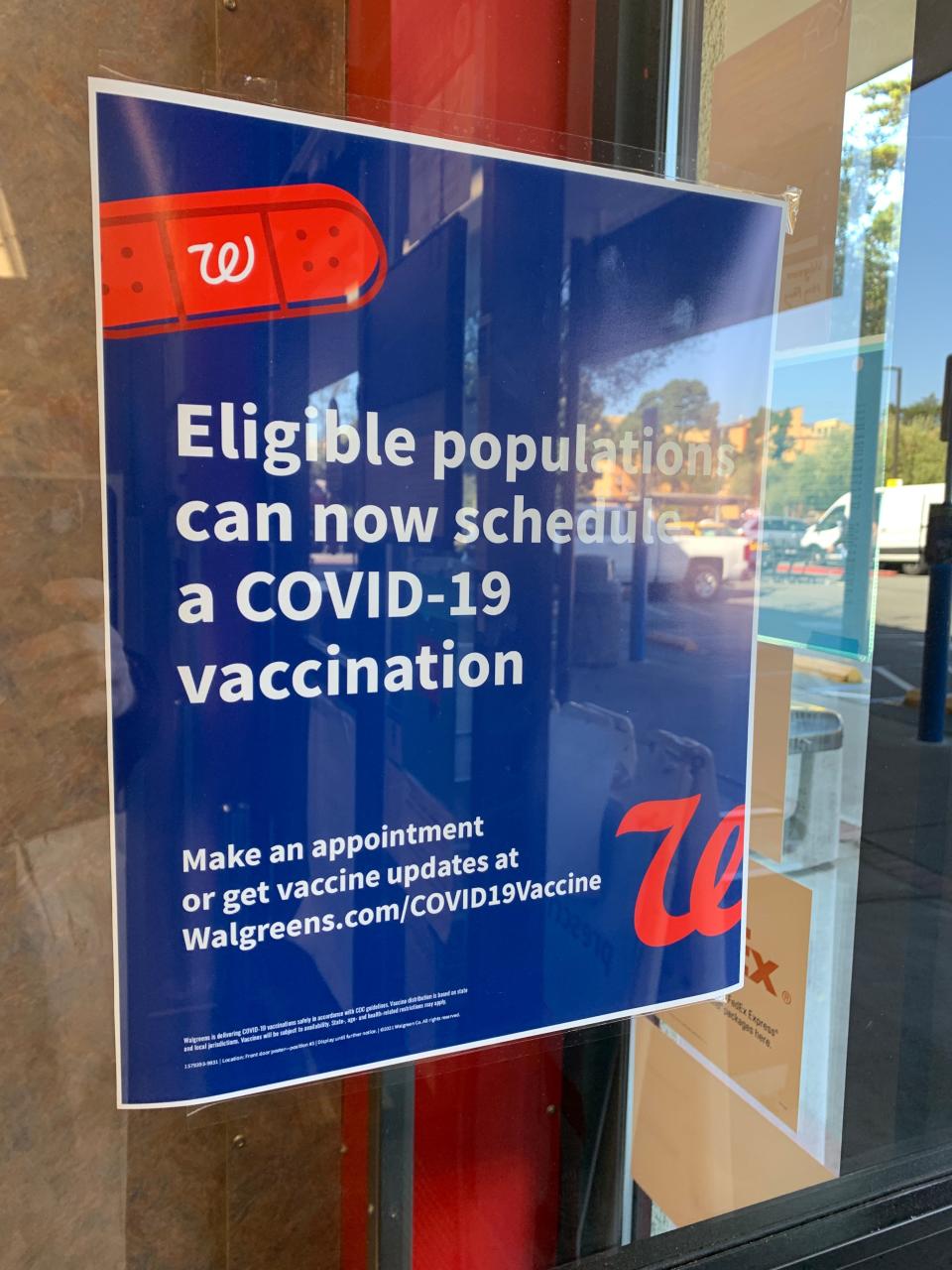 A sign at a Walgreens pharmacy in San Francisco telling people COVID-19 vaccination appointments are now available. March 4, 2021