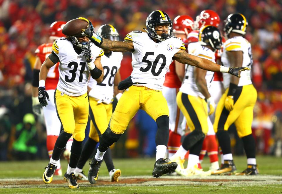 <p>Inside linebacker Ryan Shazier #50 of the Pittsburgh Steelers celebrates a play against the Kansas City Chiefs during the second quarter in the AFC Divisional Playoff game at Arrowhead Stadium on January 15, 2017 in Kansas City, Missouri. (Photo by Dilip Vishwanat/Getty Images) </p>