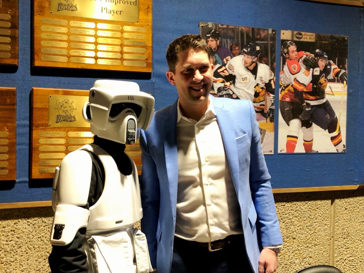 Former Rivermen and NHL goaltender Ben Bishop signed an autograph for a Star Wars character during his induction into the Rivermen Hall of Fame on Saturday at Carver Arena.