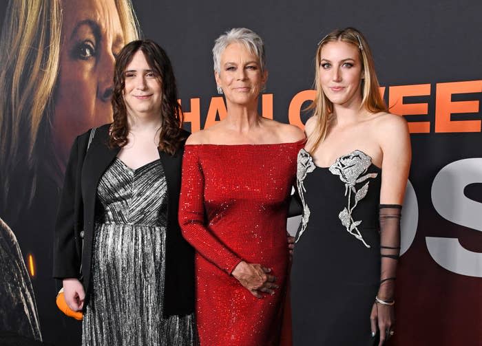 Jamie Lee with her daughters, Ruby and Annie Guest, at a press event