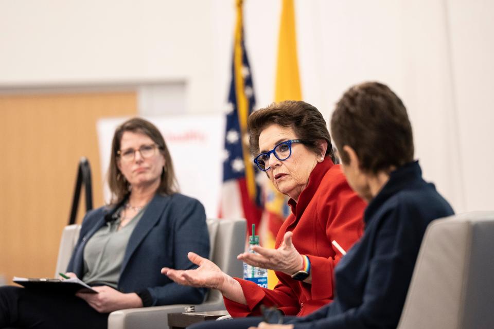 Jane McManus (left) moderates a talk with Billie Jean King (center) and Illana Kloss (right) at Seton Hall University in South Orange, NJ on Thursday, Feb. 16, 2023. 