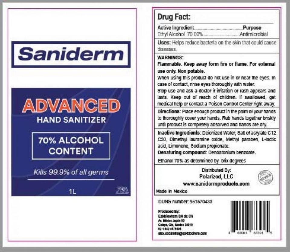 Recalled Saniderm hand sanitizer label