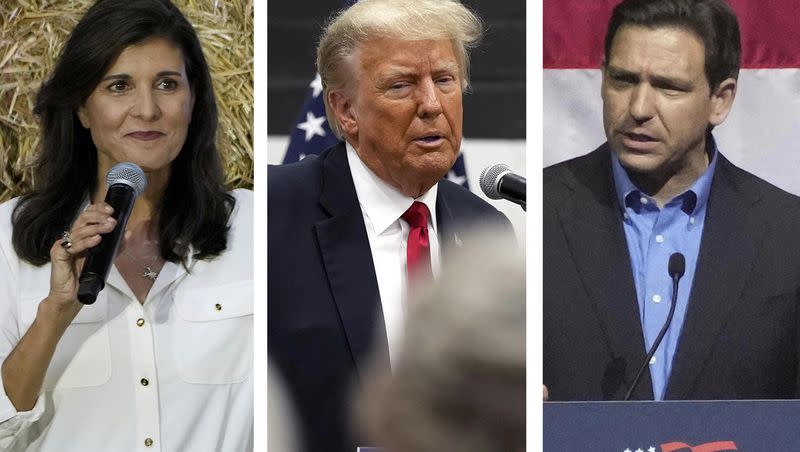 This combination of 2023 photos shows, from left, former United Nations Ambassador Nikki Haley, former President Donald Trump and Florida Gov. Ron DeSantis.