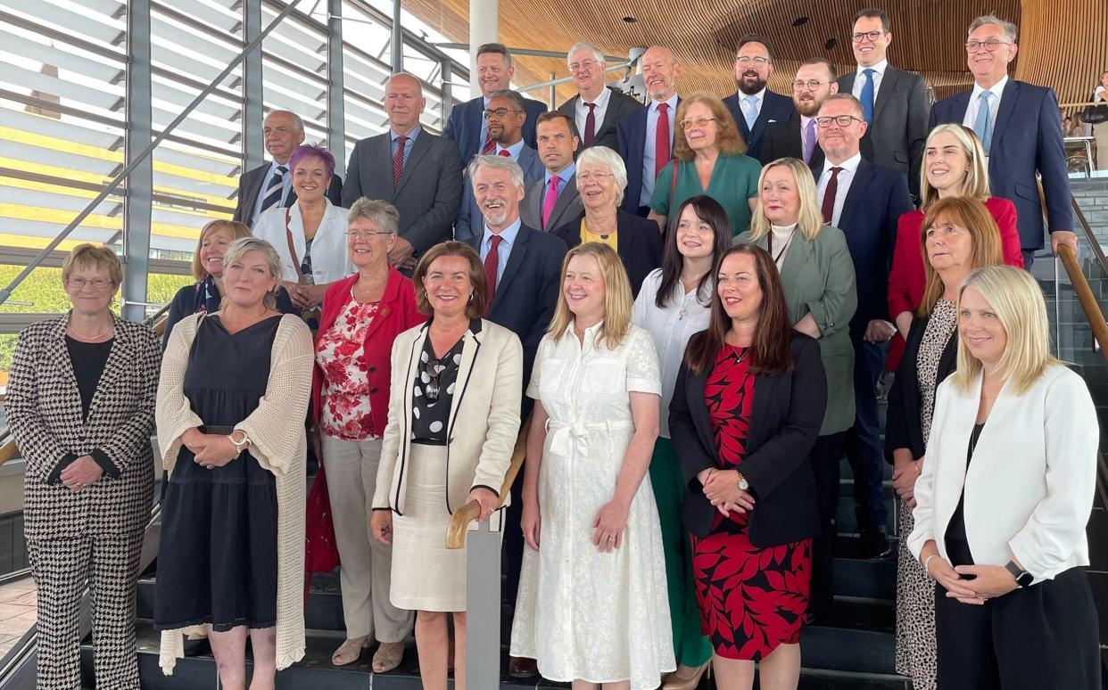 First Minister of Wales Eluned Morgan (third from left, bottom row) with all the members of the Senedd Labour group at the Senedd in Cardiff