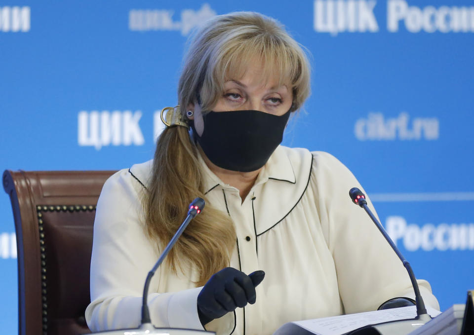 Ella Pamfilova, head of Russian Central Election Commission, wearing a face mask and gloves to protect against coronavirus speaks during a news conference in Moscow, Russia, Thursday, July 2, 2020. Almost 78% of voters in Russia have approved amendments to the country's constitution that will allow President Vladimir Putin to stay in power until 2036, Russian election officials said Thursday after all the votes were counted. Kremlin critics said the vote was rigged. (AP Photo/Alexander Zemlianichenko)