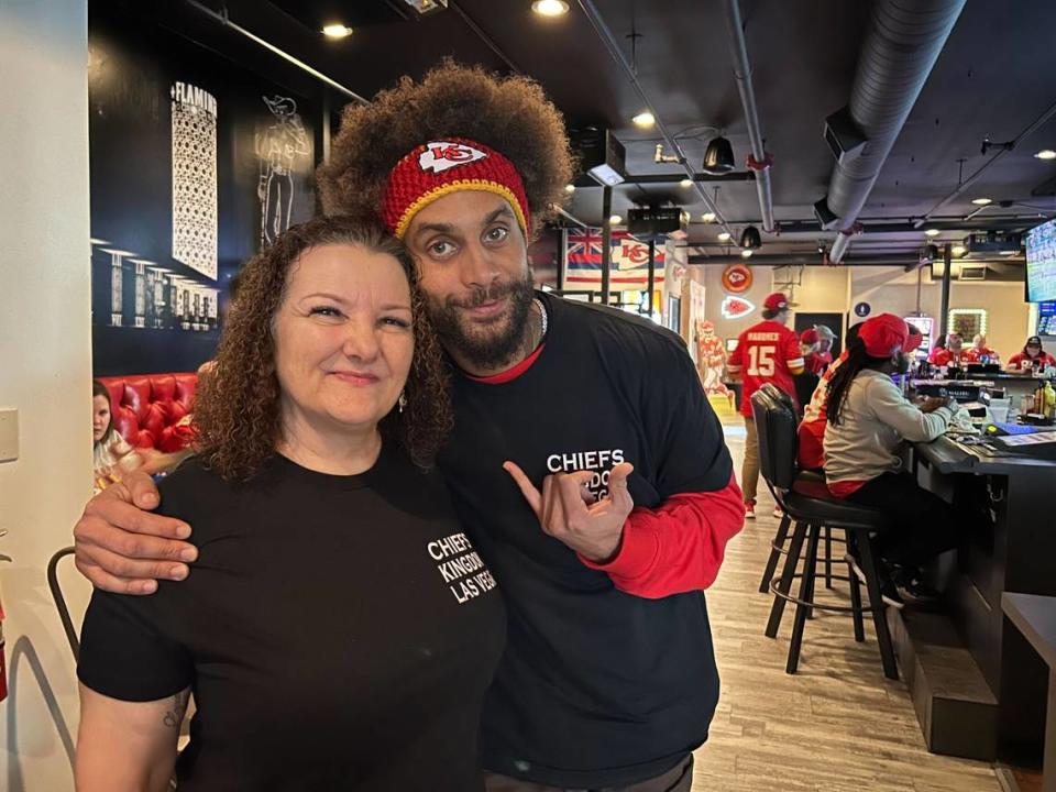 Ann Taylor and her son, Izaiah Asani, helped organize the Kansas City Chiefs watch party at at Jackpot Bar & Grill in Las Vegas. Alison Booth