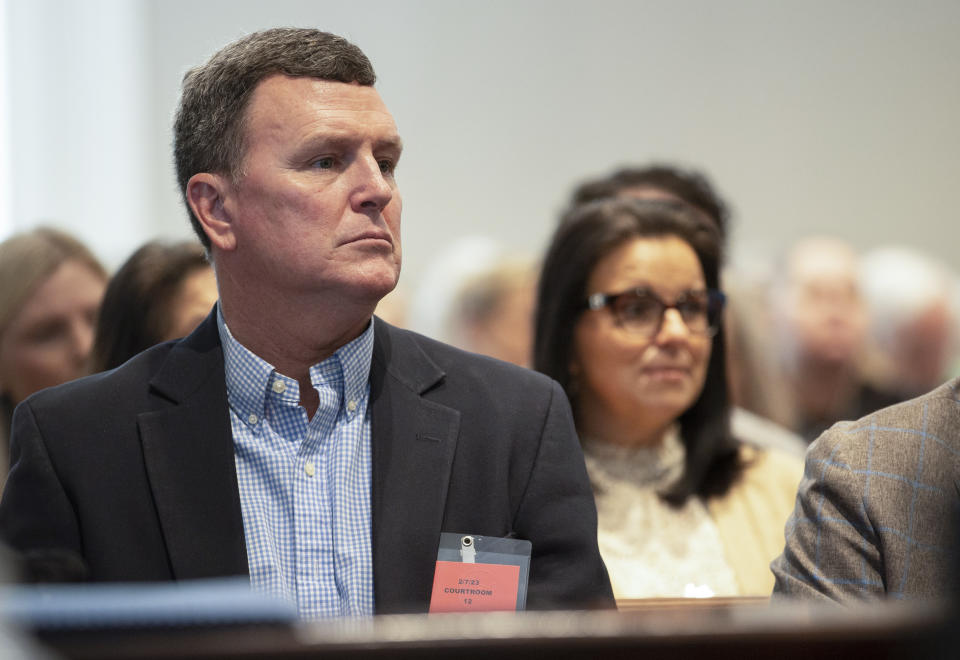 Randy Murdaugh, brother of Alex Murdaugh, listens during Alex Murdaugh's double murder trial at the Colleton County Courthouse on Tuesday, Feb. 7, 2023, in Walterboro, S.C. The 54-year-old attorney is standing trial on two counts of murder in the shootings of his wife and son at their Colleton County home and hunting lodge on June 7, 2021. (Andrew J. Whitaker/The Post And Courier via AP, Pool)