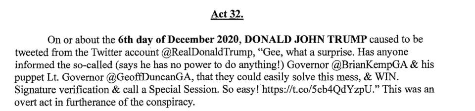 Tweet from @realDonaldTrump mentioned in the Georgia indictment