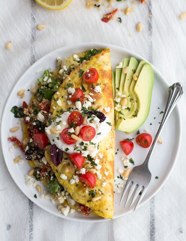 Greek Quinoa Dinner Omelets with Feta and Tzatziki