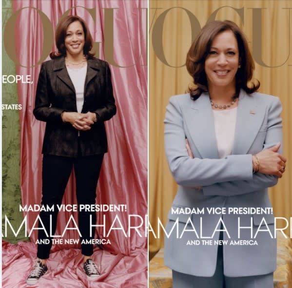 美國副總統當選人賀錦麗（Kamala Harris）近日登上美版時尚雜誌《VOGUE》二月號封面，但她在照片中的膚色卻被「洗白」，這讓外界紛紛替賀錦麗打抱不平。   圖：翻攝自Vogue臉書粉絲團