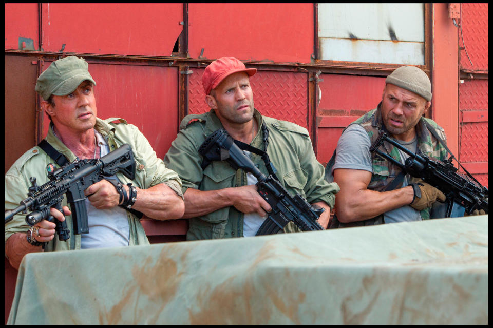 Sylvester Stallone, Jason Statham and Randy Couture in Expendables 3. (Alamy)