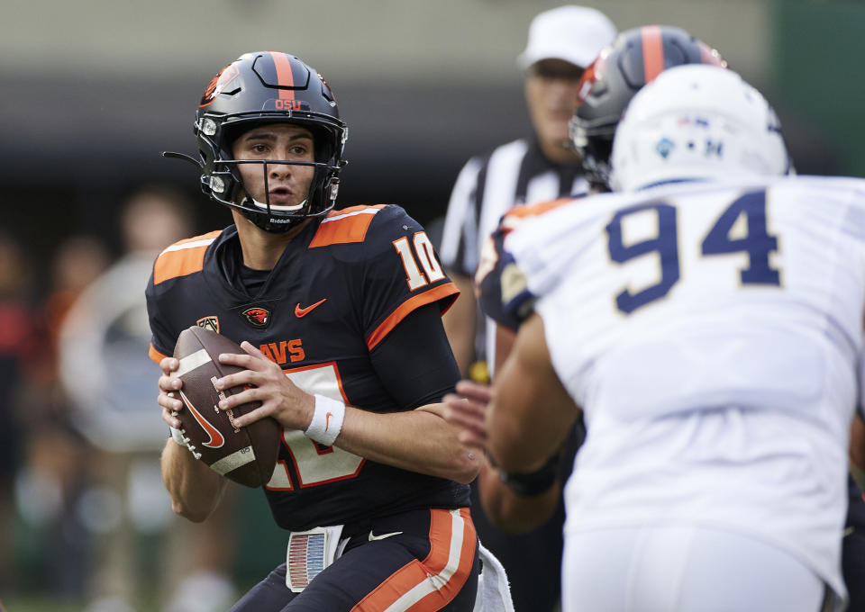 Oregon State quarterback Chance Nolan drops back to pass against Montana State during the first half of an NCAA college football game in Portland, Ore., Saturday, Sept. 17, 2022. (AP Photo/Craig Mitchelldyer)