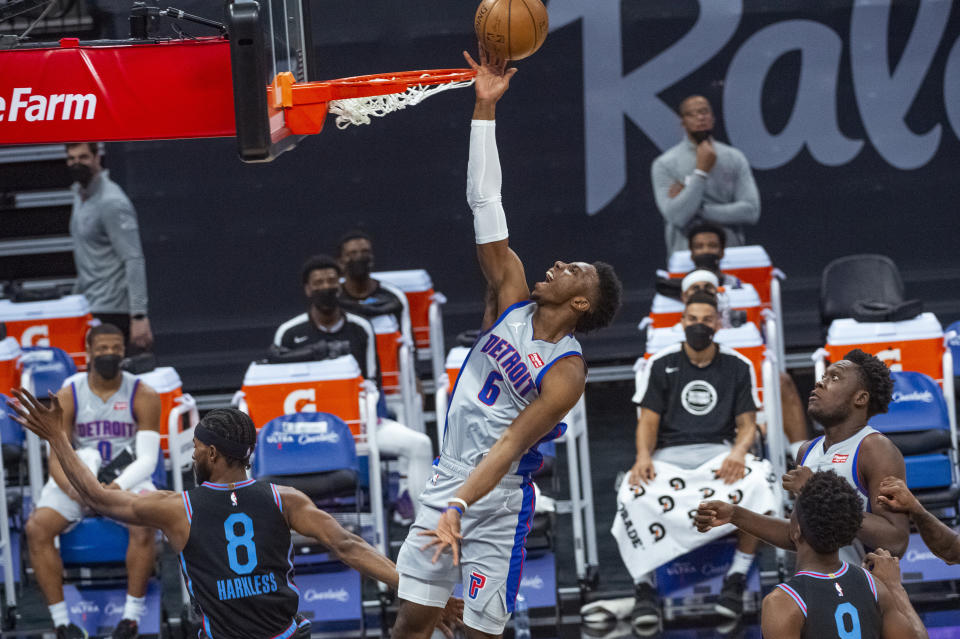 Detroit Pistons guard Hamidou Diallo (6) lays the ball up against the Sacramento Kings during the first quarter of an NBA basketball game in Sacramento, Calif., Thursday, April 8, 2021. (AP Photo/Randall Benton)