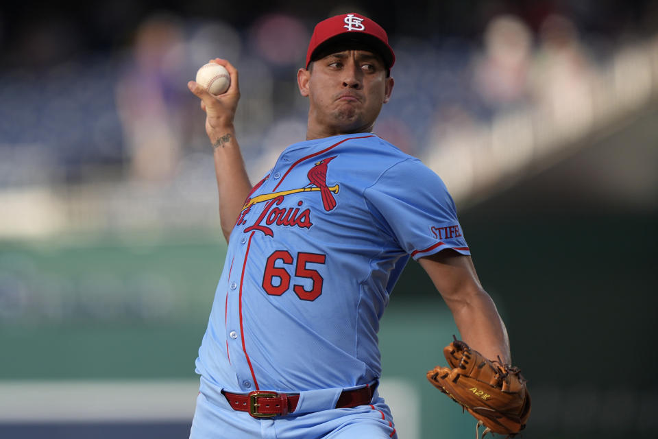 St. Louis Cardinals pitcher Giovanny Gallegos (65) throws during the sixth inning of a baseball game against the Washington Nationals at Nationals Park, Saturday, July 6, 2024, in Washington. The Nationals beat the Cardinals, 14-6. (AP Photo/Mark Schiefelbein)