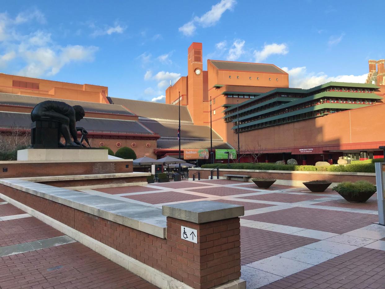 London, United Kingdom - January 12 2020: British Library building exterior with clear blue sky