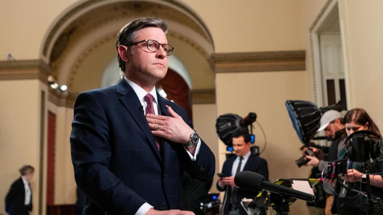 PHOTO: Speaker of the House Mike Johnson does an interview at the Capitol, April 17, 2024.  (Bill Clark/CQ-Roll Call via Getty Images)