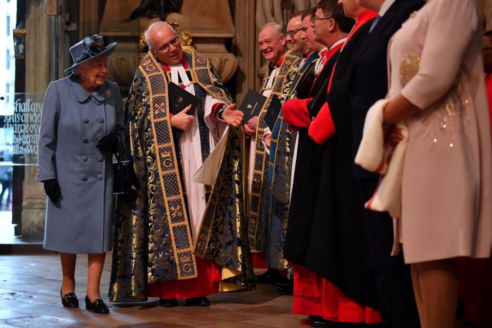 Britain's Queen Elizabeth II (L) and The Very Reverend Dr David Hoyle, Dean of Westminster (2nd-L) attend the annual Commonwealth Service at Westminster Abbey in London on March 09, 2020. - Britain's Queen Elizabeth II has been the Head of the Commonwealth throughout her reign. Organised by the Royal Commonwealth Society, the Service is the largest annual inter-faith gathering in the United Kingdom. (Photo by Ben STANSALL / POOL / AFP) (Photo by BEN STANSALL/POOL/AFP via Getty Images)