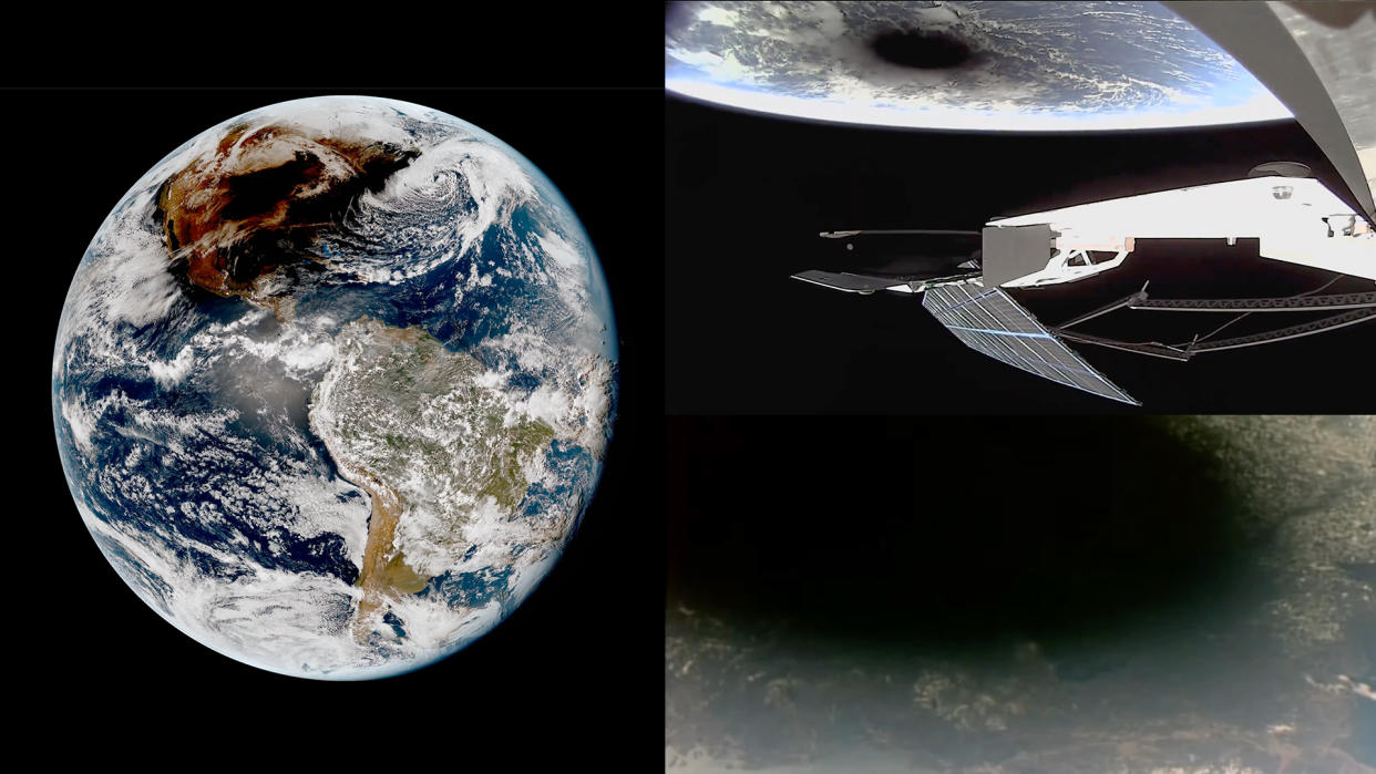  Two pictures side by side. at left is the earth covered by a shadow on north america. at right is the side of a satellite with the moon's shadow visible below. 