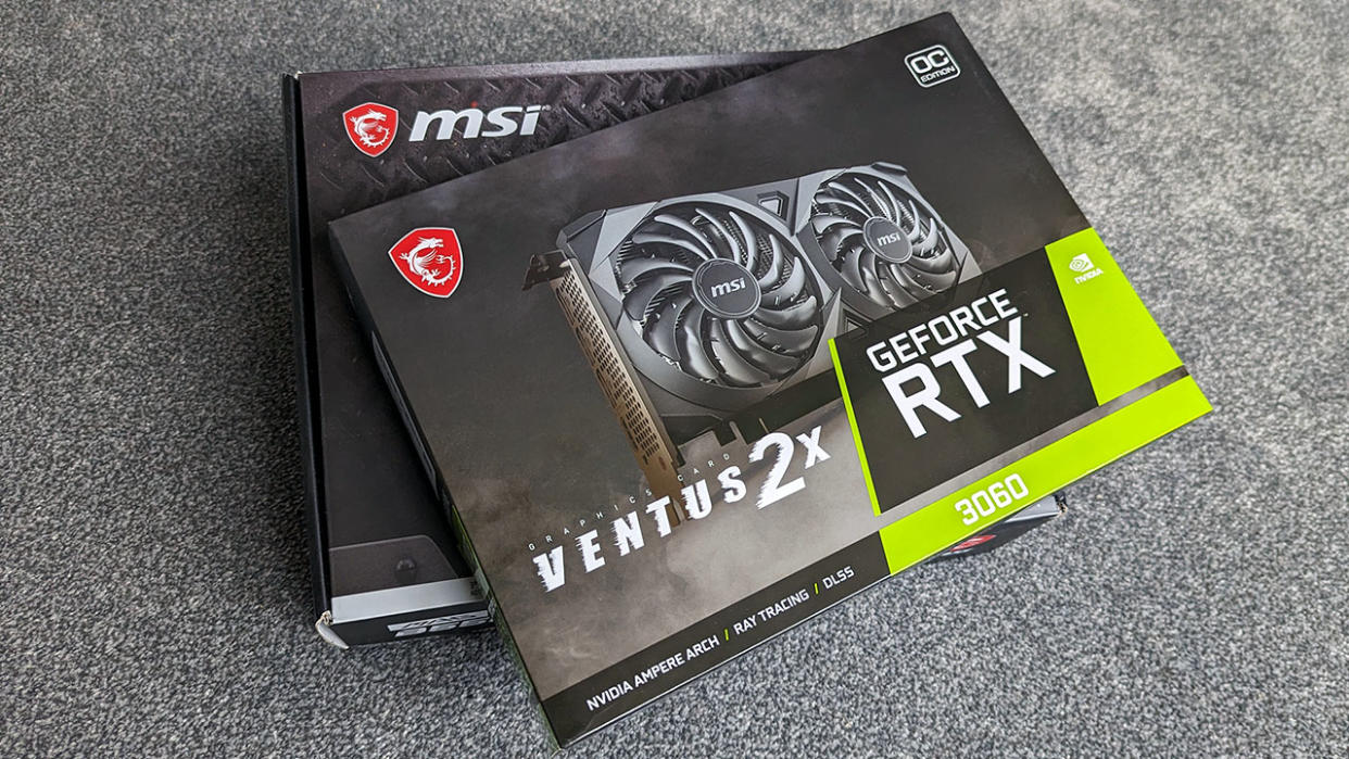  MSI RTX 3060 Ventus 2X graphics card and MSI motherboard boxes. 