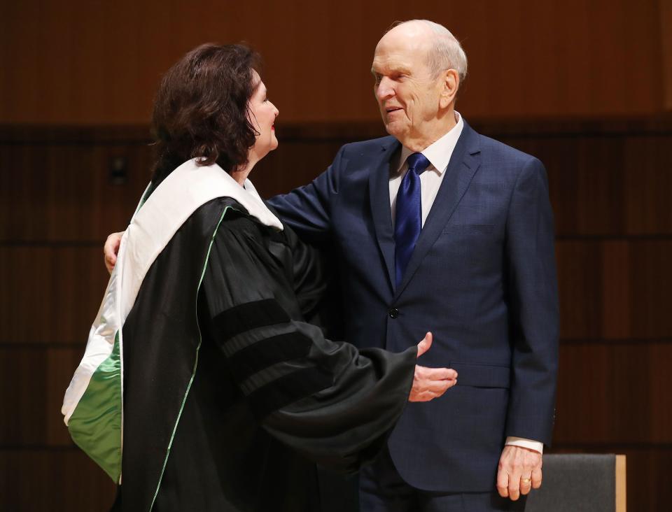 President Russell M. Nelson of The Church of Jesus Christ of Latter-day Saints hugs Sister Wendy Nelson after she was honored at Utah Valley University’s graduation in Orem on Friday, May 7, 2021. Sister Nelson, the wife of President Nelson, is a professor of marriage and family therapy, author, and a former nurse and psychologist. | Jeffrey D. Allred, Deseret News