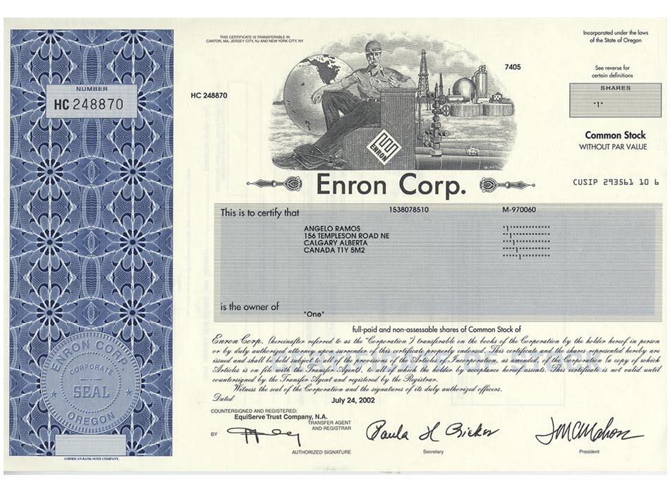 A stock certificate for one share of Enron Corp. issued in 2002.<br><br><a href="http://Scripophily.com" rel="nofollow noopener" target="_blank" data-ylk="slk:Scripophily.com>;elm:context_link;itc:0;sec:content-canvas" class="link ">Scripophily.com></a>