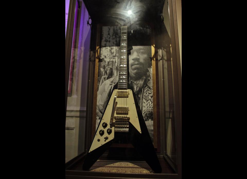 A Gibson Flying V guitar that Hendrix played at the Isle of Wight festival in Aug. 1970, displayed at the exhibit.     AP Photo/Lefteris Pitarakis