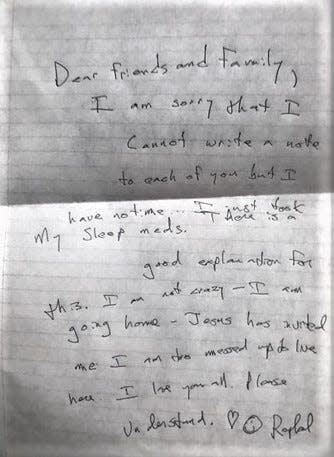 Rafe Sweeney's final note to his family, written just before he lost his life to suicide on May 13.