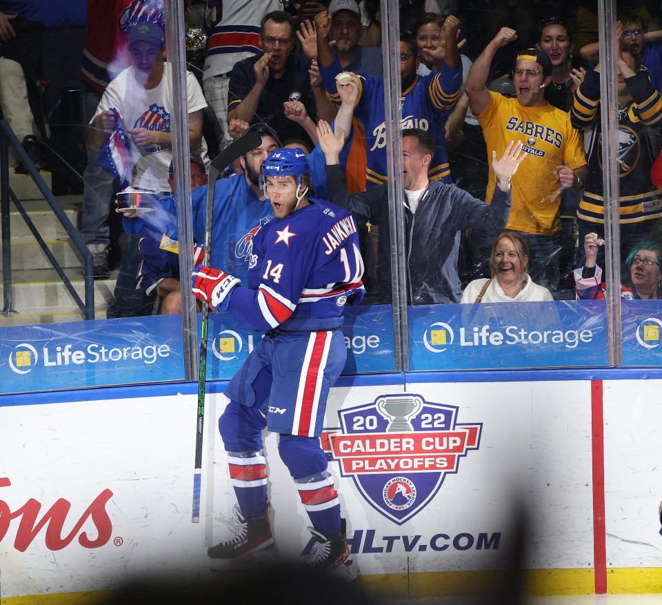 Amerks Mark Jankowski celebrates his first-period goal against Laval.